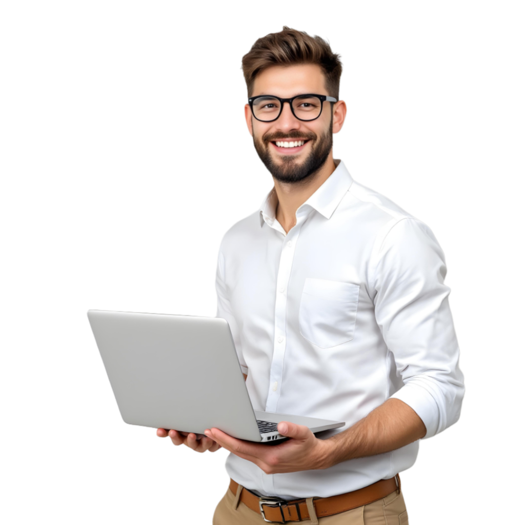 Contact Us vecteezy a man in glasses holding a laptop 51966255